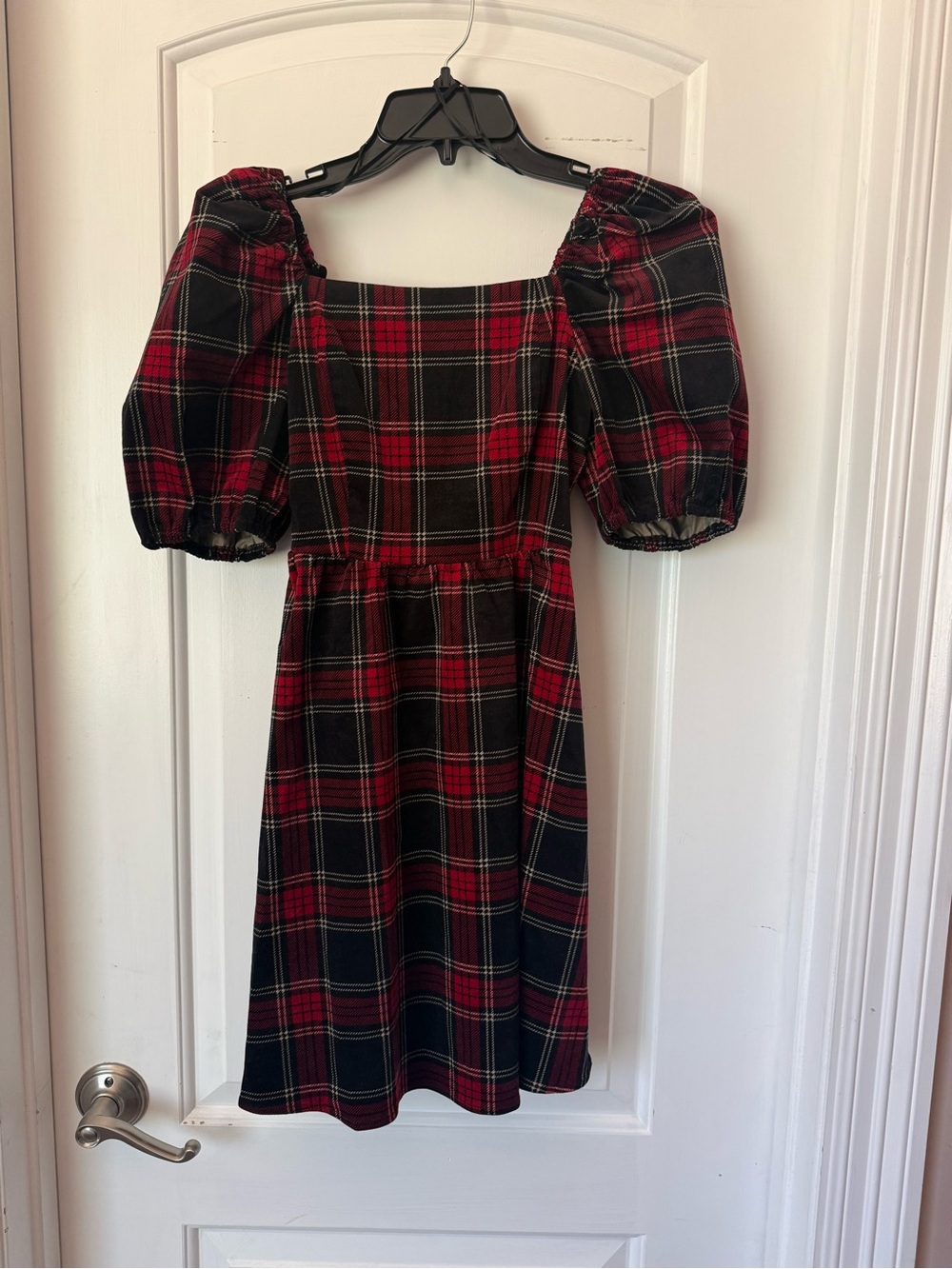 Copper Key Red and Black Plaid Puff Sleeve Mini Dress